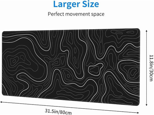 Abstract Topographic Map White Grey Black Gaming Mouse Pad Long Mouse Pad Large Desk Mat 31.5 X 11.8 Inch Mousepad with Non-Slip Base Stitched Edge Keyboard Mat for Gaming Office
