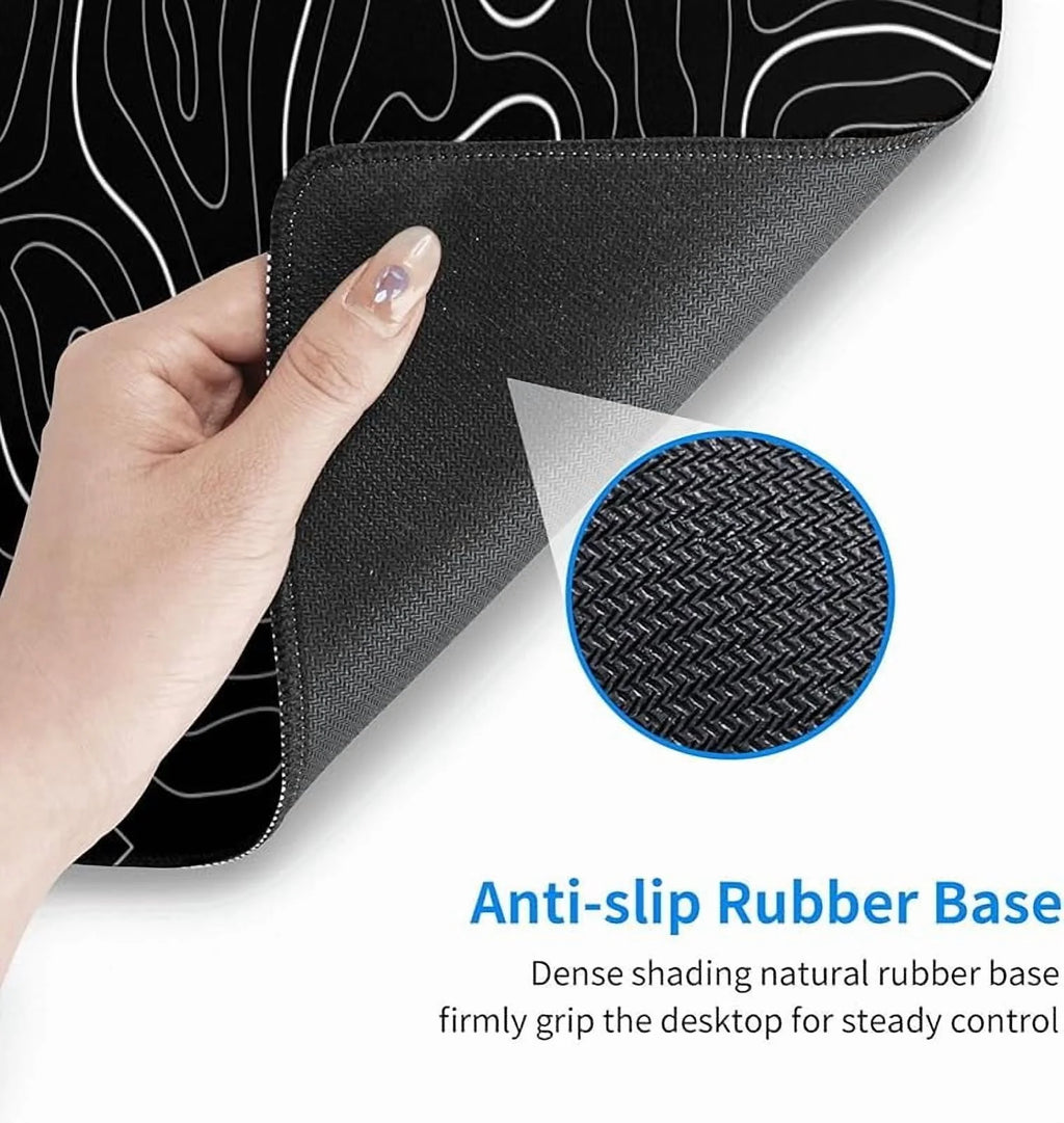 Abstract Topographic Map White Grey Black Gaming Mouse Pad Long Mouse Pad Large Desk Mat 31.5 X 11.8 Inch Mousepad with Non-Slip Base Stitched Edge Keyboard Mat for Gaming Office