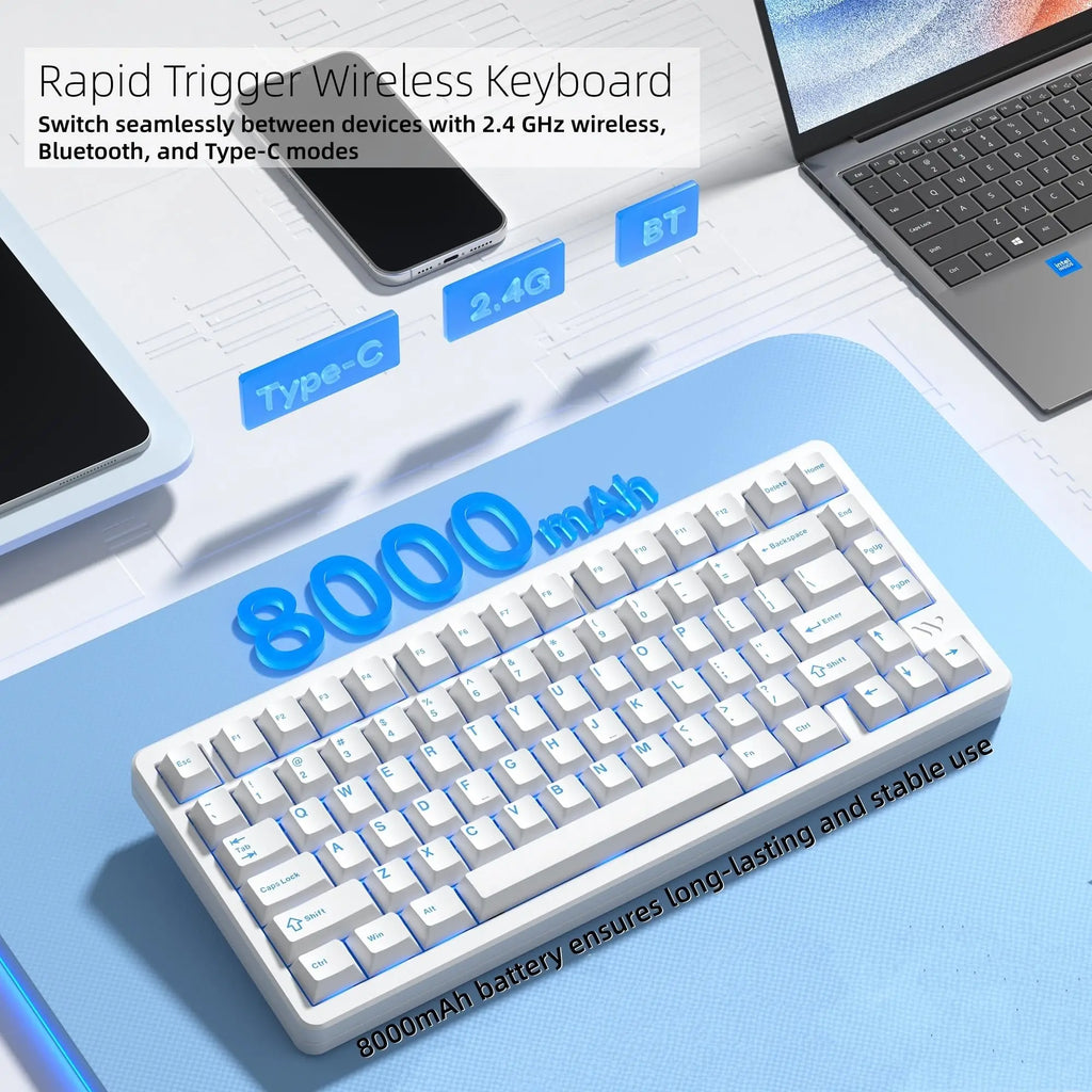 White SK75 TMR/HE Hall Effect Keyboard 75% Wireless Mechanical Keyboard Rapid Trigger Magnetic Switch with Strap Hot Swap