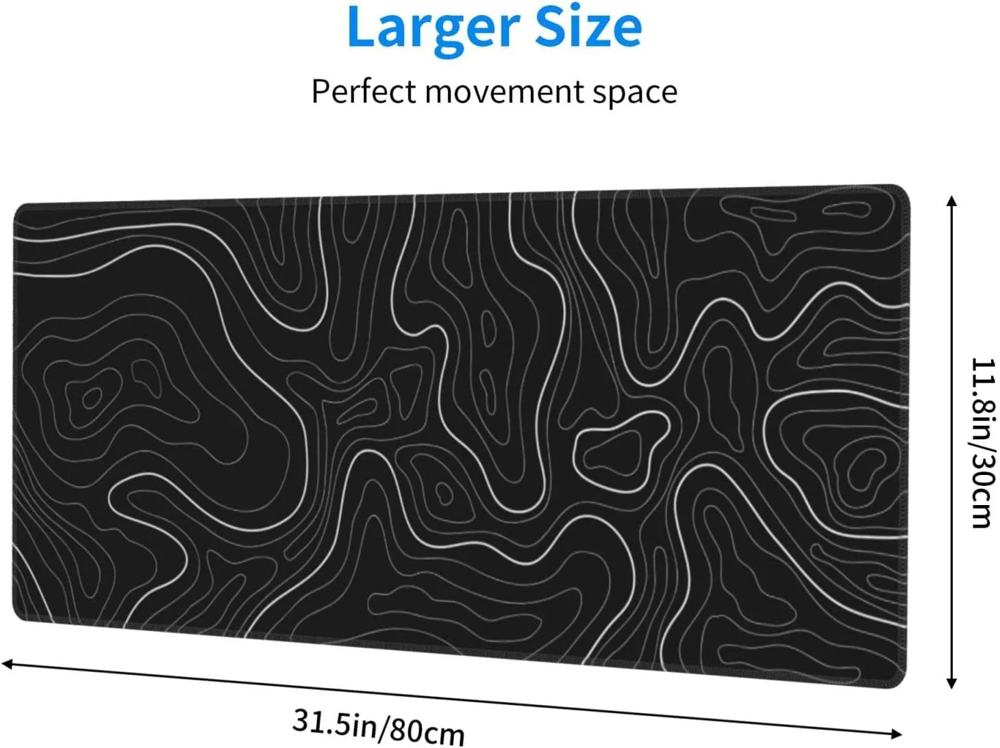 Abstract Topographic Map White Grey Black Gaming Mouse Pad Long Mouse Pad Large Desk Mat 31.5 X 11.8 Inch Mousepad with Non-Slip Base Stitched Edge Keyboard Mat for Gaming Office