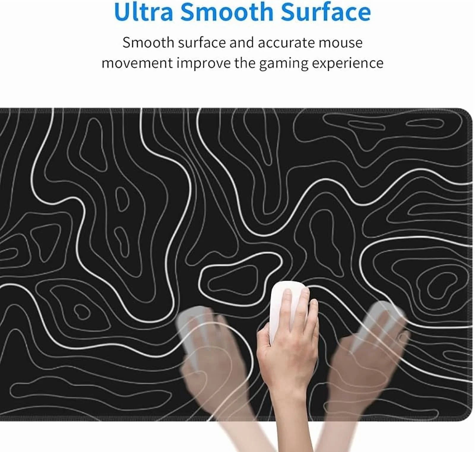 Abstract Topographic Map White Grey Black Gaming Mouse Pad Long Mouse Pad Large Desk Mat 31.5 X 11.8 Inch Mousepad with Non-Slip Base Stitched Edge Keyboard Mat for Gaming Office
