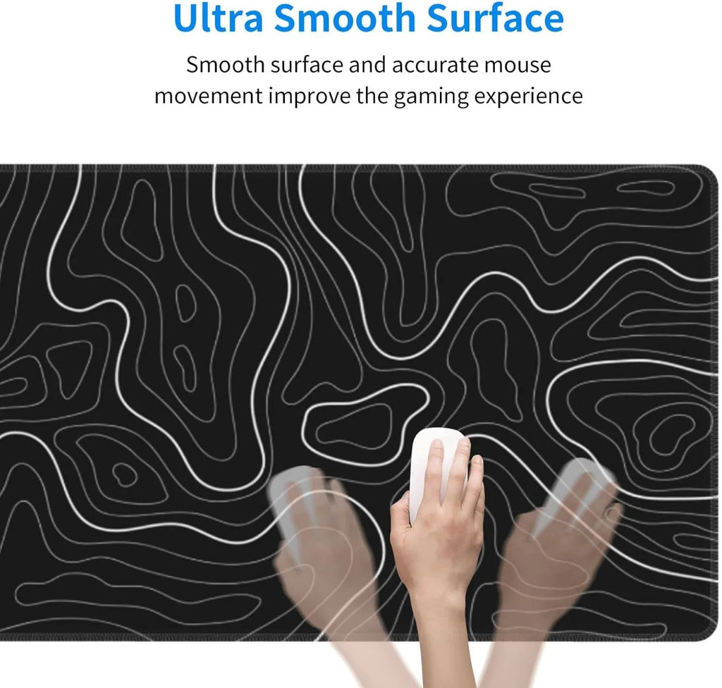 Abstract Topographic Map White Grey Black Gaming Mouse Pad Long Mouse Pad Large Desk Mat 31.5 X 11.8 Inch Mousepad with Non-Slip Base Stitched Edge Keyboard Mat for Gaming Office