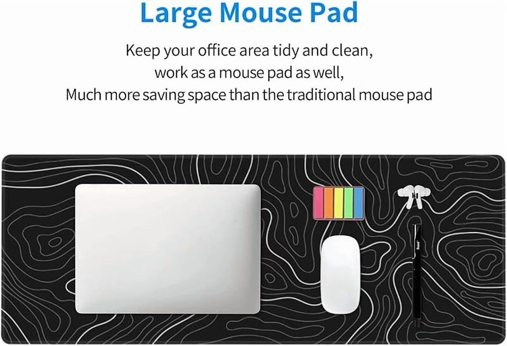 Abstract Topographic Map White Grey Black Gaming Mouse Pad Long Mouse Pad Large Desk Mat 31.5 X 11.8 Inch Mousepad with Non-Slip Base Stitched Edge Keyboard Mat for Gaming Office