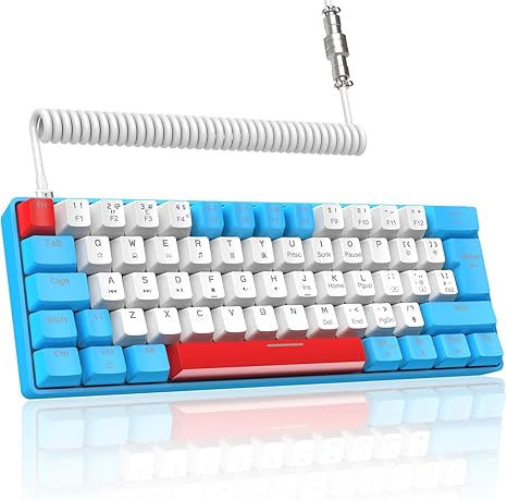 Lexonelec T60PRO 60% Mechanical Keyboard and Mouse Combo+Coiled USB C Cable, Compact RGB LED Backlit Keyboard, Linear Red Switch, 6400 DPI Programmable RGB Mouse for PC Mac Gamer(Blue&White)
