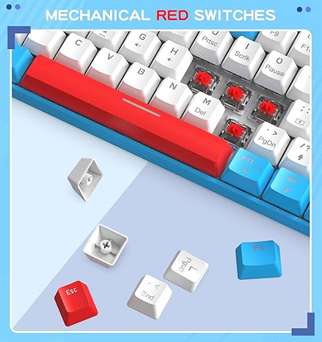 Lexonelec T60PRO 60% Mechanical Keyboard and Mouse Combo+Coiled USB C Cable, Compact RGB LED Backlit Keyboard, Linear Red Switch, 6400 DPI Programmable RGB Mouse for PC Mac Gamer(Blue&White)