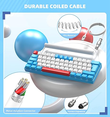 Lexonelec T60PRO 60% Mechanical Keyboard and Mouse Combo+Coiled USB C Cable, Compact RGB LED Backlit Keyboard, Linear Red Switch, 6400 DPI Programmable RGB Mouse for PC Mac Gamer(Blue&White)